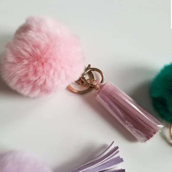 3 Faux Fur Pom Leather Tassel Keychain Bag Charms - Picture 4 of 7